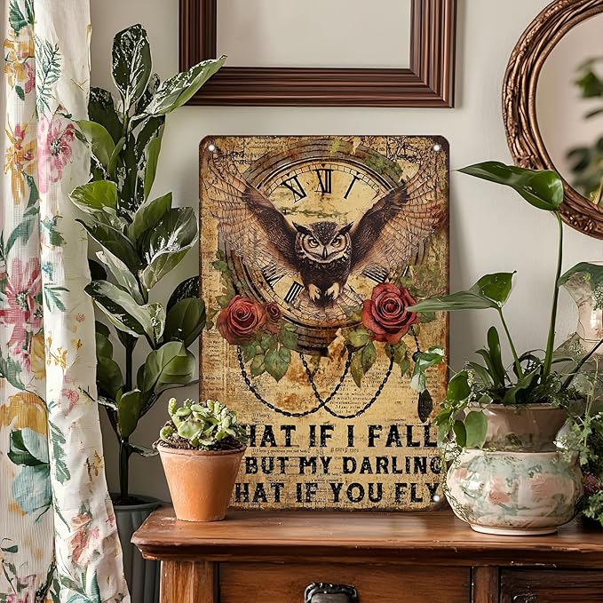 PEACHGARDEN Metal Sign Owl Wall Decor What If I Fall Oh But My Darling What If Vintage Poster Tin Sign for Home Bedroom Office Cafe Bar Man Cave 8x12inch