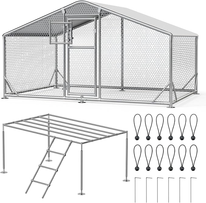 10x6.5 FT Metal Chicken Coop with Perch, Functional Split Door Chicken Coop Run with Cover & Hardware Cloth,Heavy Duty Chicken Pen with Aluminum Frame, Easy Setup Animal Run for Hen, Duck, Goat