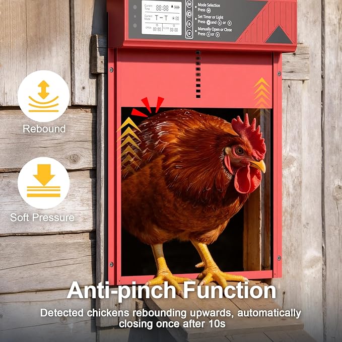Larger Size Automatic Chicken Coop Door Solar Powered, 4000MAh Internal Battery Automatic Coop Door Anti-hit Side Charging Port, Automatic Chicken Door with Timer, Light Sensor 4Modes & Remote Control