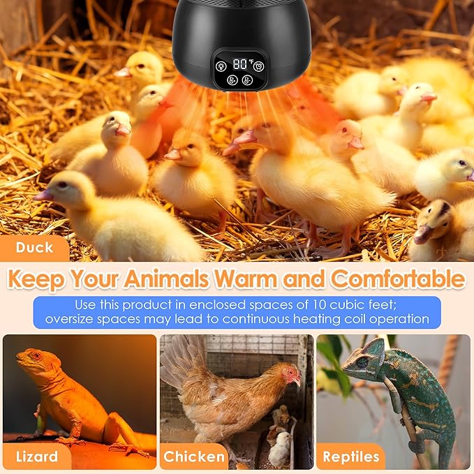 1 Pack Chicken Coop Heater 200W with Lighting and Temperature Control Chicken Heating Lamp with Digital Display 5Ft Cable Brooder Heater for Reptiles, Remote not Include