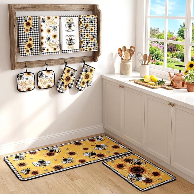 10 Pcs Farmhouse Kitchen Decor Set Dish Towels Kitchen Rugs Oven Mitts and Pot Holders for Cooking Baking Grilling Women Mom Daughter Gift(Yellow,Black,Bee Theme)