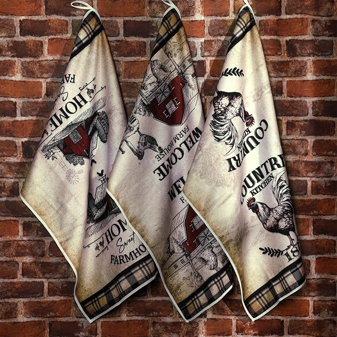 Bencailor 6 Pcs Farmhouse Kitchen Towels Chicken Rooster Kitchen Decor Farm Animal Hand Towels for Cooking Baking Housewarming Gift,15.75 x 23.62 inch(Retro Gray,Barn Farm)