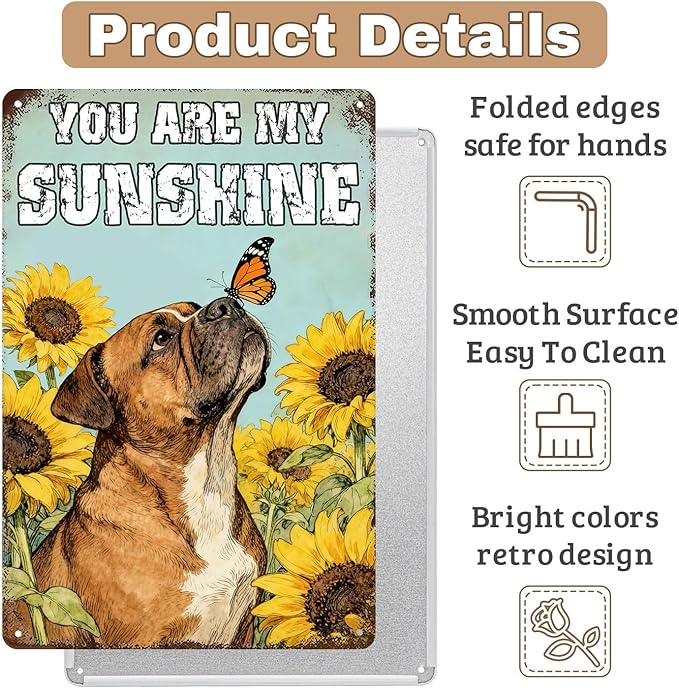 Vintage Rustic English Bulldog Tin Sign ‘You Are My Sunshine’ With Butterfly & Sunflower Metal Wall Art For Home, Kitchen, Bar, Café, Garden 8x12 Inch
