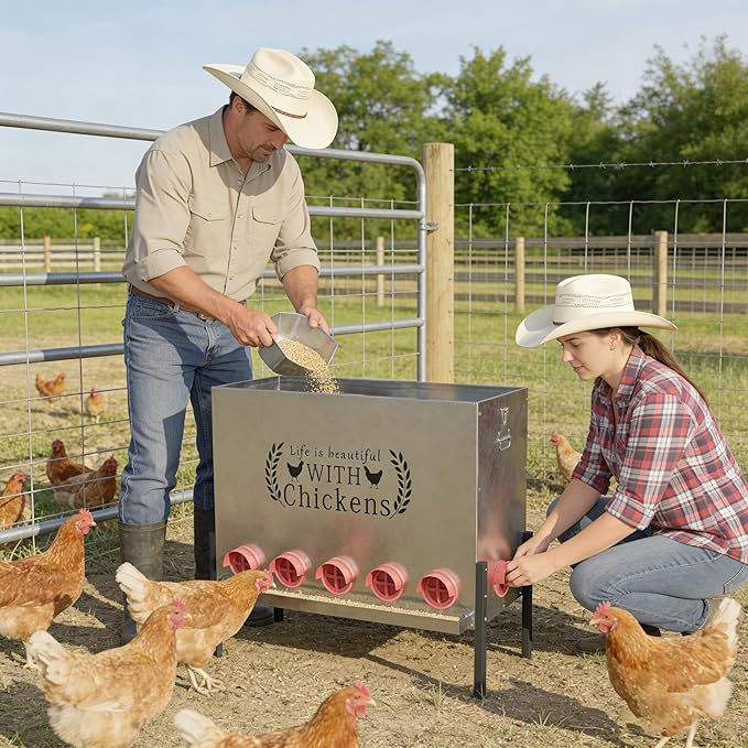 170 LB Automatic Chicken Feeder 12 Port Large Metal Poultry Feeders Box Feeder with Adjustable Height, Locking Lid & Handles,Rustproof Feed Box for Poultry & Backyard Chickens