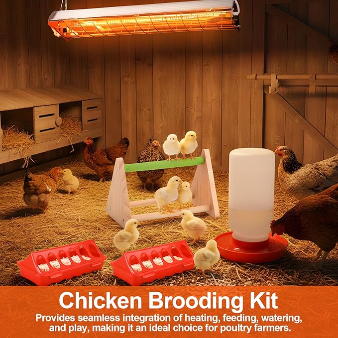 Retisee 400w Large Hanging Chicken Coop Heater Lamp Carbon Fiber Chicks Brooder Heater 5pcs Chick Feeder and Waterer Kit with Wooden Perch for Poultry Chicks Ducks Quail Pigeons Birds