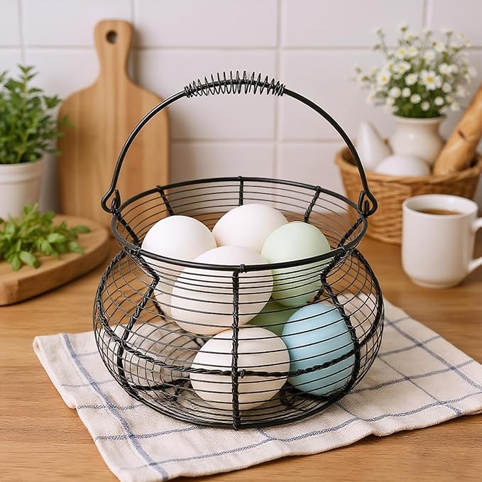 Egg Collecting Basket - Vintage Woven Wire Organizer, Chicken Egg Basket, With Handle Counter Ovum Holder | For Kitchen Counter Farmhouse Garden Harvest Fruit Vegetable Easter Festival