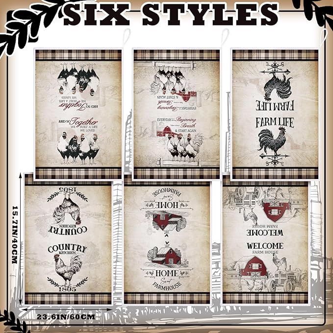 Bencailor 6 Pcs Farmhouse Kitchen Towels Chicken Rooster Kitchen Decor Farm Animal Hand Towels for Cooking Baking Housewarming Gift,15.75 x 23.62 inch(Retro Gray,Barn Farm)