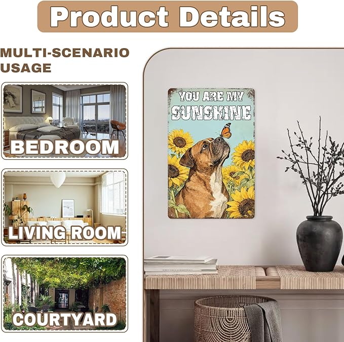 Vintage Rustic English Bulldog Tin Sign ‘You Are My Sunshine’ With Butterfly & Sunflower Metal Wall Art For Home, Kitchen, Bar, Café, Garden 8x12 Inch