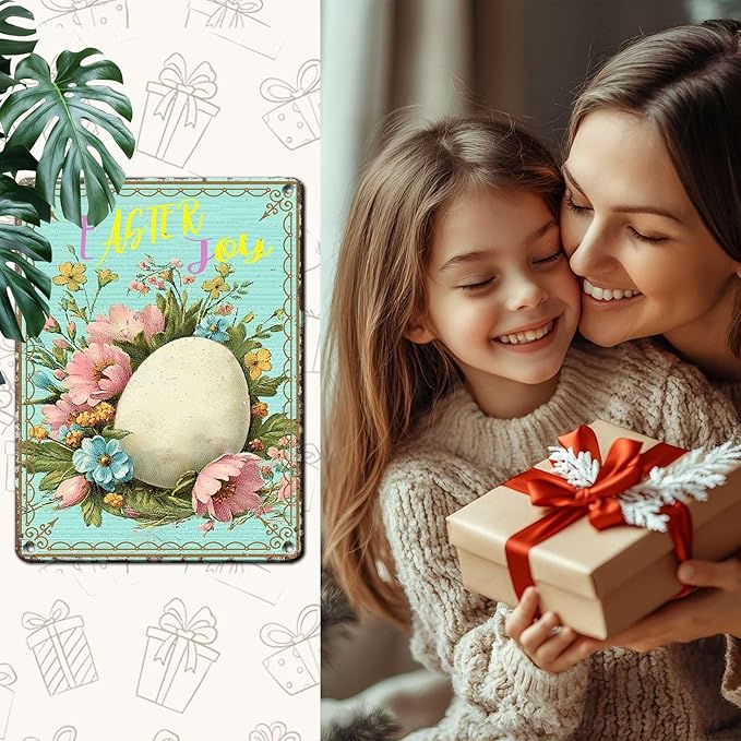 Easter Egg Retro Tin Sign Fun Metal Sign “Easter Joy” For Home Living Room Garden Yard Outdoor Wall 12X16Inch