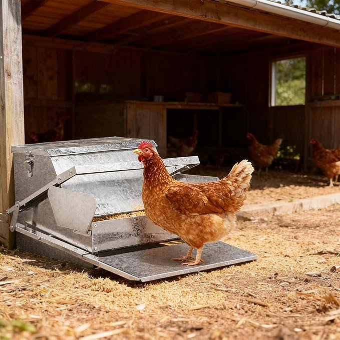 Outvita Automatic Treadle Chicken Feeder, 25 Lbs No Waste No Spill Rodent Proof Metal Chicken Feeder with Weatherproof Lid, Chicken Supplies for Your Chickens Duck Bantams Pheasants Poultry Coop