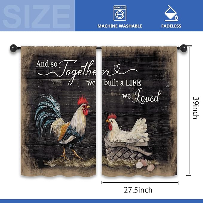 Rooster Chicken Kitchen Curtains 27.5W x 39L Inch Rustic Farmhouse Coutry Rural Quotes Rod Pocket Short Small Window Treatment Drapes Decor 2 Panels