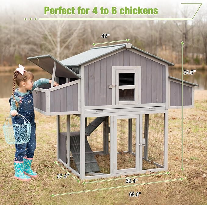 GUTINNEEN Large Chicken Coop for 6-8 Chickens Outdoor Chicken House with Two Nesting Box Folding Design Leakproof Pull-on Tray