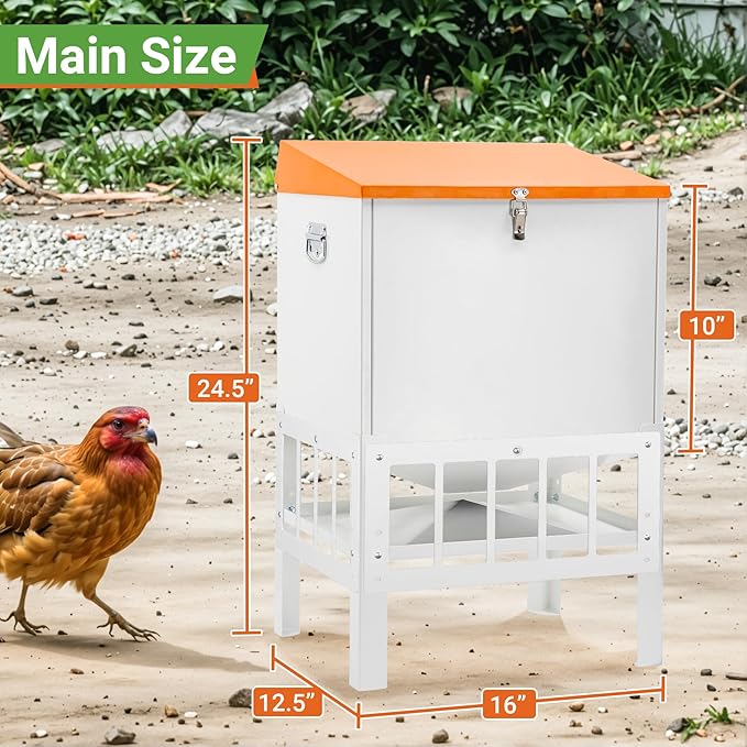 Chicken Feeder with Grille, 50LBS No Waste Chicken Feeder with 18 Ports, Powder-Coated Steel Feeder w/Waterproof Lid and Stainless Handles, 16”L x 12.5”W x 24.5”H
