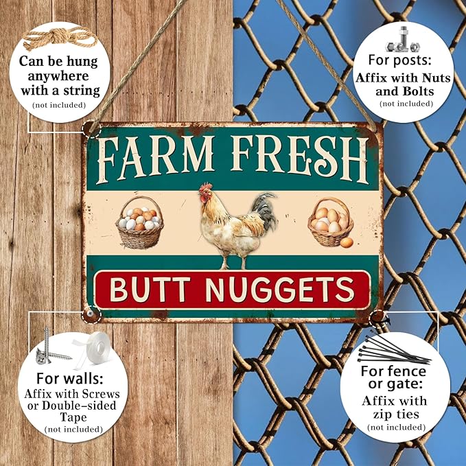 Farm Fresh Butt Nuggets Metal Tin Sign Funny Chicken Coop Sign For Farmhouse Coop Funny Outdoor Chicken Yard Wall Decor 8x12 Inch