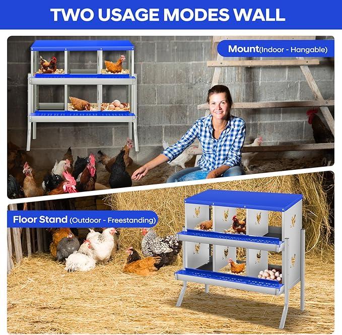 GarveeLife Chicken Nesting Box, 6 Compartments Nesting Box for Chickens, Two-Tier Galvanized Steel Chicken Egg Laying Box with Large Vented Holes Wall Mounting for Easy Egg Collection