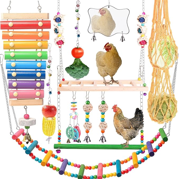 Chicken Toys for Coop 12PCS Set, KAKUNM Chicken Enrichment Toys，Including Xylophone, Swing Set, Mirror Toy, Flexible Ladder, Vegetable String Bag and Hanging Feeder, Coop Accessories for Hens
