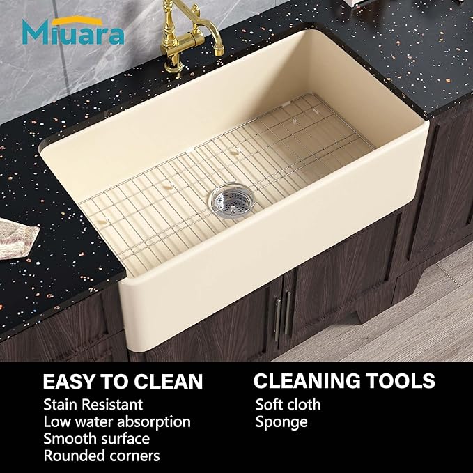 Bone Farmhouse Sink 33 Inch - Apron Front Kitchen Sink Reversible 33x18x10, Undermount Installation, Farm House Style Single Bowl, Heavy Duty Solid Fireclay, Bone Color, for Kitchen
