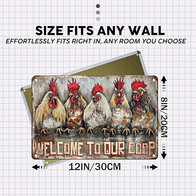 Vintage Chicken Tin Sign Welcome to Our Coop Retro Farm Metal Sign Funny Chicken Lovers Nostalgic Rustic Wall Decor Wall Art For Farmhouse Outdoor Poultry House Cafe Yard 12 * 8In