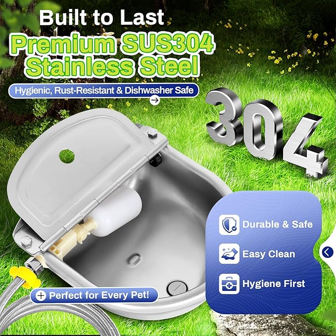 Automatic Animal Drinking Water Bowl with Float Valve, Extended Pipe & Drain Hole, Stainless Steel Waterer Feeder Farm Dog Dispenser Kit Self Filling for Livestock Horse Goat