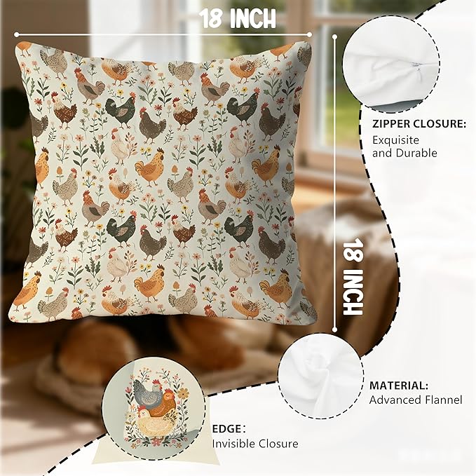 Rustic Floral Chicken Pillow Covers 18x18, Chicken Lover Lady Mom Gifts, Cottagecore Flower Farmhouse Hen Decorative Throw Pillow Covers for Home Bedroom Living Room, Set of 2