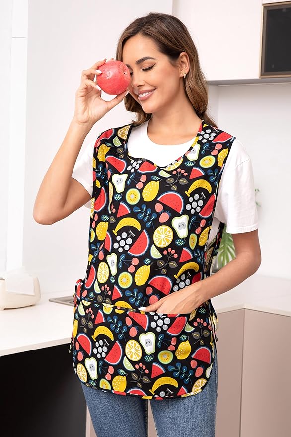 Nanxson Women Cobbler Apron with 2 Patch Pockets Cotton printed Smock with Side Ties for Work Chef kitchen CF3187