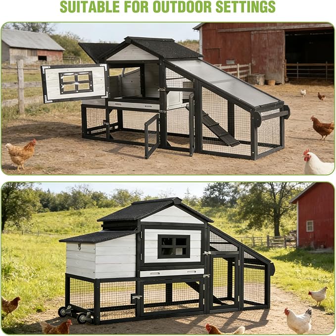 GUTINNEEN Large Chicken Coop with Wheels, Expandable Mobile Chicken House for Outdoor Use, Hen House Poultry Cage with Nesting Box, Leakproof Pull-Out Tray & UV-Resistant Roof – Black
