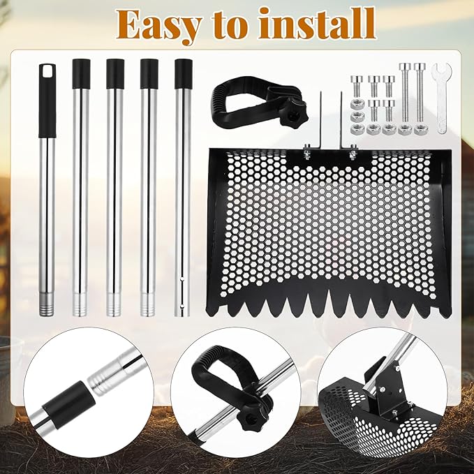 Lothee 11.8 Inch 2-in-1 Large Chicken Poop Scooper & Rake with Adjustable Shovel Head Angle, 5 Length Adjustable Stainless Steel Handle(23-76"), Coop Rake Ergonomic Grip for Chicken Coop Cleaning