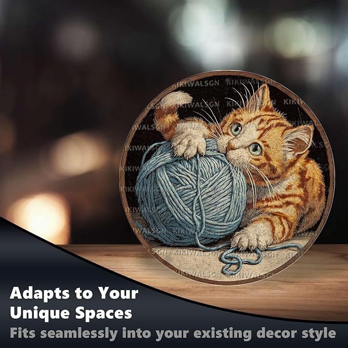 Vintage Orange Tabby Round Metal Sign Retro Yarn Ball Tin Sign Nostalgic Cat Lovers Wall Decor Decorations for Home Bedroom Living Room Cafe Bar Bathroom Shop 8 * 8 In