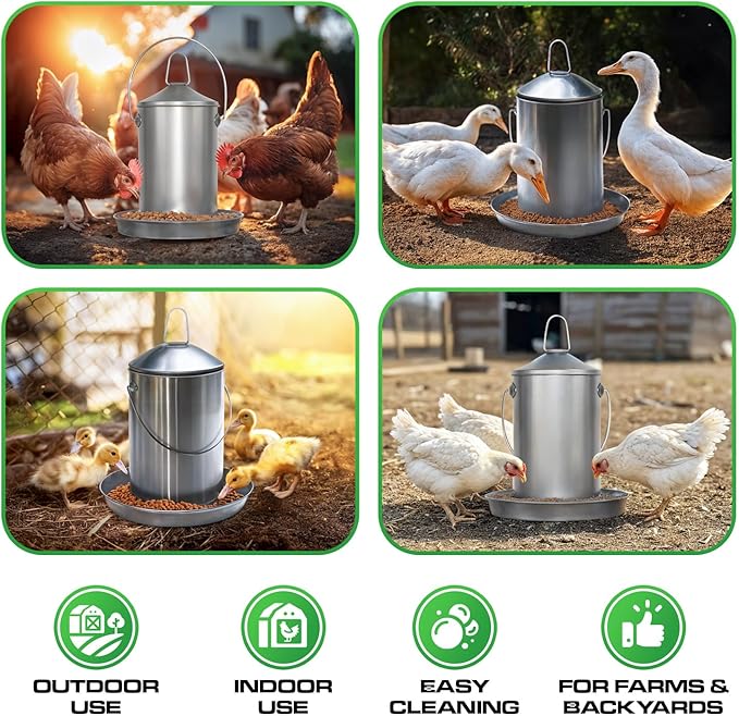 Plexon 6.6 Lb Poultry Feeder Stainless Steel Hanging Chicken Feeder no Waste Food-Grade with 6 Gallon Galvanized Storage Bucket with Locking Lid for Bird Seed Chicken Feed, Bundle