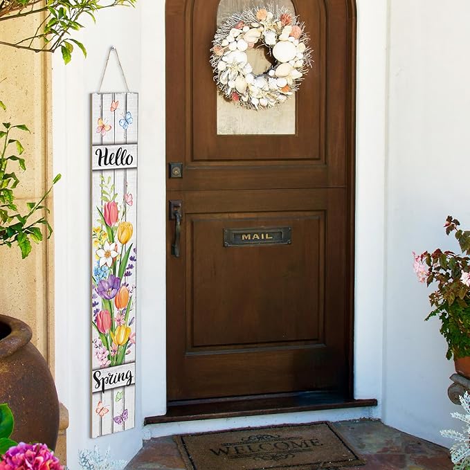 47" Large Spring Porch Sign Tulip Welcome Sign Wooden Tall Spring Porch Decor Leaner Rustic Farmhouse Front Door Decor for Holiday Outdoor Home Yard Entryway Gift