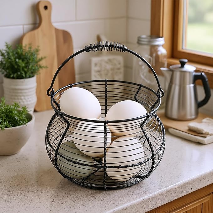 Egg Collecting Basket - Vintage Woven Wire Organizer, Chicken Egg Basket, With Handle Counter Ovum Holder | For Kitchen Counter Farmhouse Garden Harvest Fruit Vegetable Easter Festival