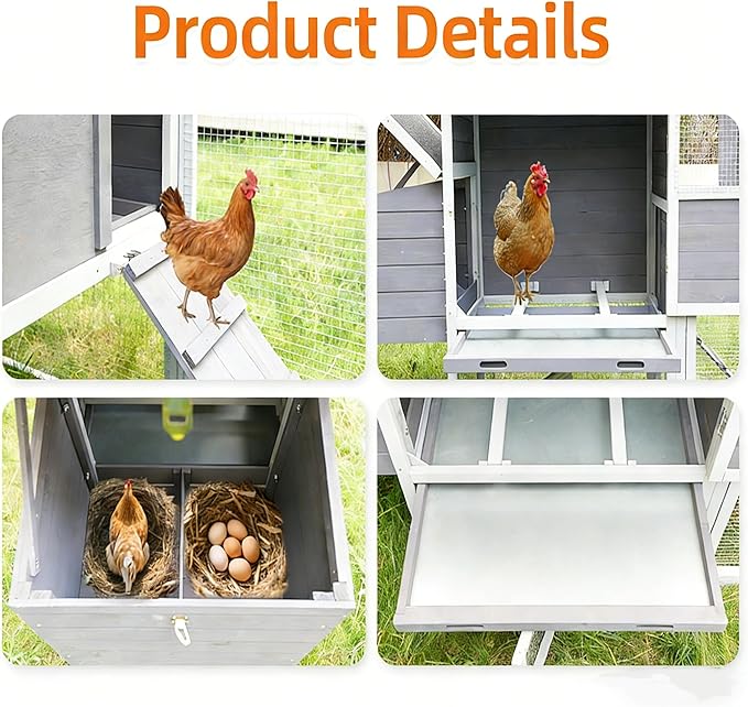 Large Outdoor Chicken Coop, Durable Wooden Hen House with Run & Nesting Box, Anti-UV Waterproof Roof, Sliding Door & Ramp for Backyard Small Animals, Gray