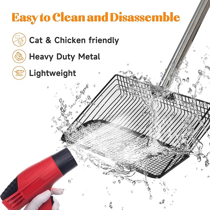 4-in-1 10" Large Chicken Poop Scooper with Gloves,Sifting Shovel Rake,Henhouse Cleaning Tool,Adjustable Long Handle (22.4-62") Litter Scoop,Stainless Steel Poop Shovel for Farm,Goat Stall Accessories