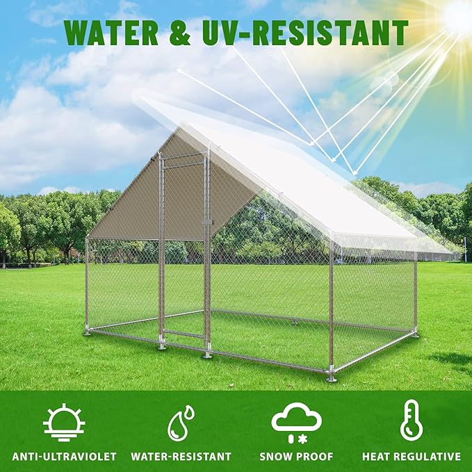 Large Metal Chicken Coop Walk-in Poultry Cage with Water-Resident and Anti-UV Cover Duck Rabbit Cat House Outdoor Chicken Run Pen with Spire Shaped Cage