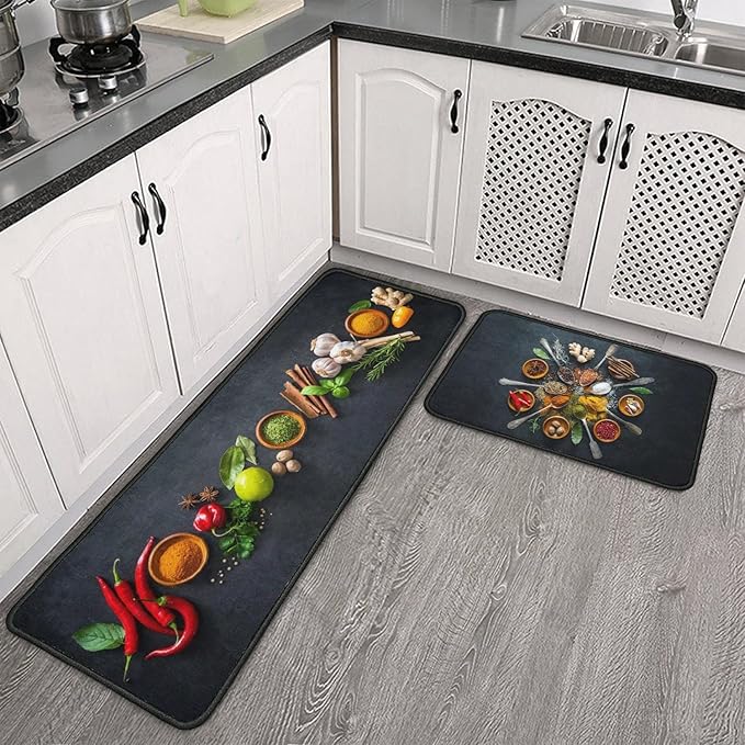 Roszwtit Artistic and Colorful Kitchen Rugs and Mats Set of 2, Spicy Art Non-Slip Backing Kitchen Rugs, Cooking Sets Low-Profile Washable Floor Mat for Home Kitchen Decor - 17x29 and 17x47 Inch
