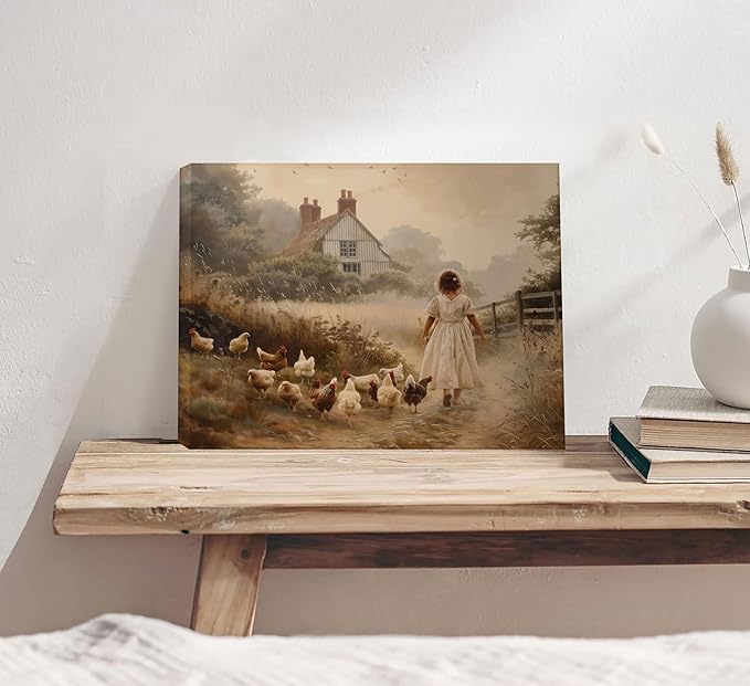 Girl Farmhouse Wall Art Chicken Farm Canvas Rustic Country Poster Brown Chickens Picture Vintage Countryside Female Print Artwork Painting Farm House Wall Decor For Bedroom Living Room Framed