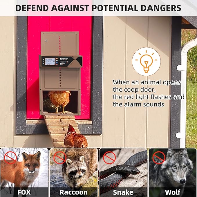 Automatic Chicken Coop Door, 4 Modes LCD Display Chicken Coop Door Solar Powered with Timer & Light Sensor, Aluminum Alloy Automatic Chicken Door with Anti-Pinch, IPX4 Waterproof