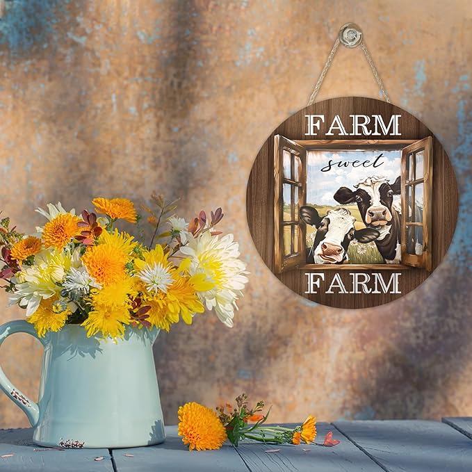 Funny Farm Sweet Farm Cow Front Door Sign, Vintage Farmhouse Animals Wood Hanger Outdoor Outside Porch Home Decor, Rustic Country Barn Wooden Wreath Indoor Wall Hanging Decoration Farm Gifts