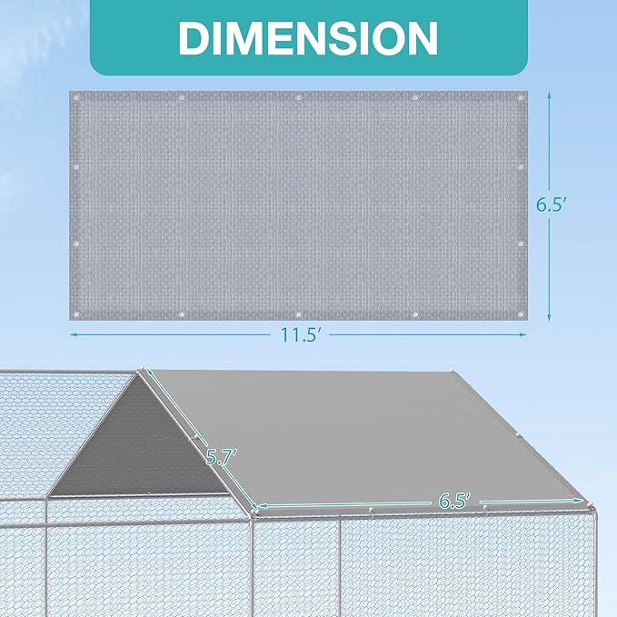 Chicken Coop Cover, 11.5 * 6.5 FT Chicken Run Cover with Ball Bungees Cords, Sun Shade Cloth for Yard Large Chicken Coop, Walk-in Chicken Run Pen, Duck Coop Tarp (1 Pack, Silver)