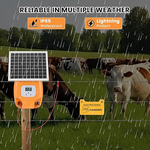 CURECURE Solar Electric Fence Charger with 8100mAh Lithium Battery, 10W Solar Panel, Easy Installation, 6 Miles Range, 1.5 Joules, LED Display, Use for Livestock, Pet, Farm, Garden