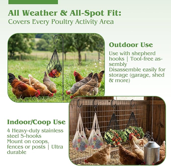 10 Pcs 2 Sets Hanging Chicken Feeder Chicken Coop Toys Accessories Include Dual Size Poultry Vegetable Fruits String Bag Heavy Duty Shepherd's Hook Veggie Treat Ball for Hen Goose Duck