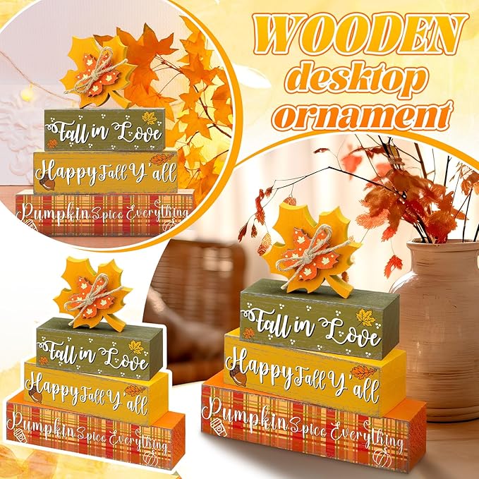 Geelin 4 Pcs Thanksgiving Decorations Fall Wooden Sign Maple Leaves Thanksgiving Pumpkin Table Centerpiece Tiered Tray Decor Fall Wood Blocks Tiered Tray Decor Table Top Sign for Home