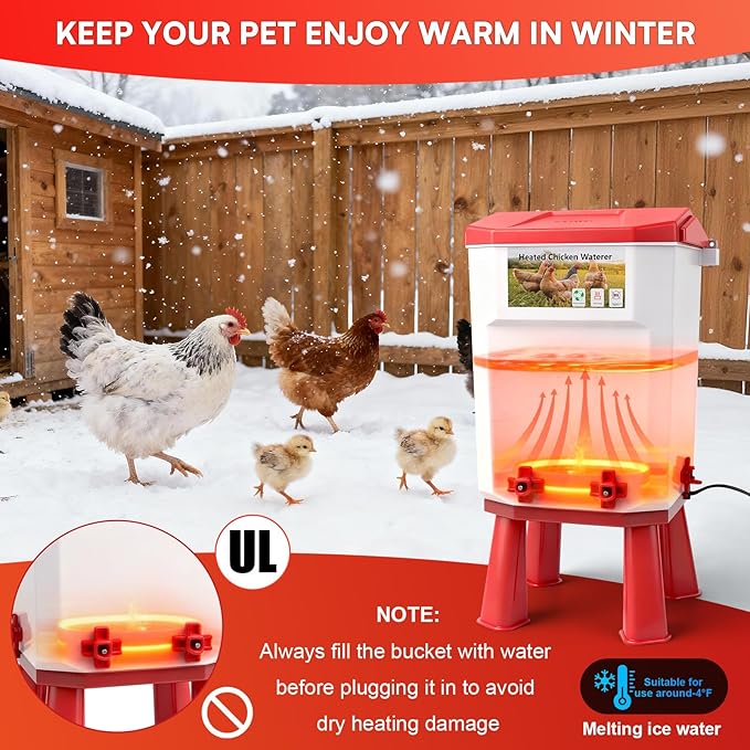 3 Gallon Heated Chicken Waterer for Winter Automatic Chicken Water Heater,Adsjustable Height Anti-Freezing Poultry Watering System with Thermostatic Control,Red,12.5 in x 8.3 inch x 8.3 in