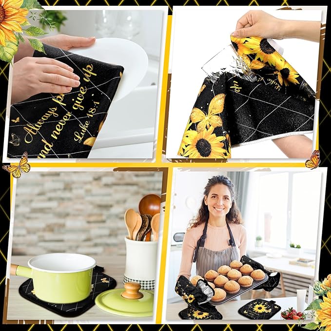 10 Pcs Sunflower Butterfly Kitchen Dish Towels Rugs Oven Mitts and Pot Holders Set Farmhouse Kitchen Decor Set for Women Mom Daughter Gift Cooking Baking Grilling (Bright Black)