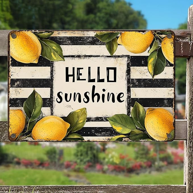 Vintage Metal Sign Hello Sunshine Lemon Summer Spring Farmhouse Retro Tin Sign Metal Poster Vintage Metal Tin Sign Wall Decor for Bars Restaurants Cafes Home Decoration 12x16inch