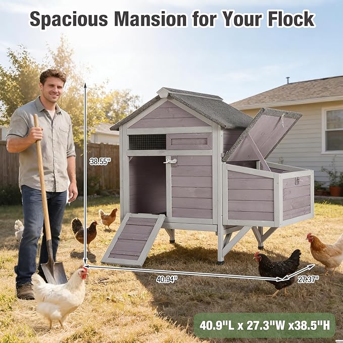 Small Chicken Coop with 2 Nesting Boxes, Wooden Hen House for 1-2 Chickens, Waterproof Asphalt Roof Poultry Hutch with Wildlife-Proof Latches, Roosting Bar and 4 Ground-Clearing Legs