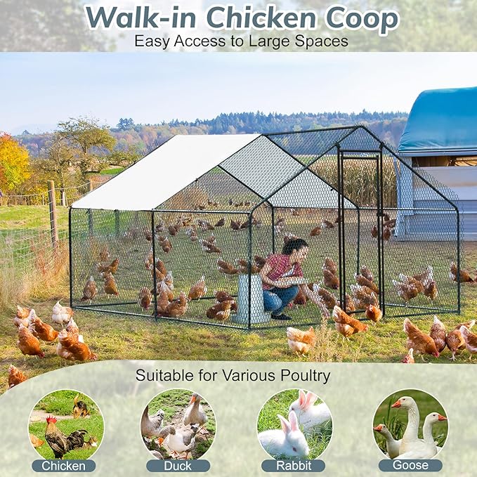 VINGLI Large Metal Chicken Coop, 9.8x9.8x6.5 ft Poultry Cage for Chicken Run, Walk-in Chicken Pen with Waterproof & Anti-UV Cover for Yard Outdoor (Black-Spire Roof)