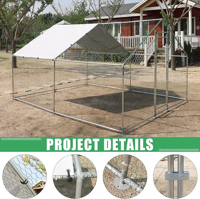 Large Metal Chicken Coop Walk-in Poultry Cage Hen Duck Run House with Waterproof & Anti-UV Cover Galvanized Rabbits Habitat Spire Shaped Cage for Outdoor Yard Farm Use