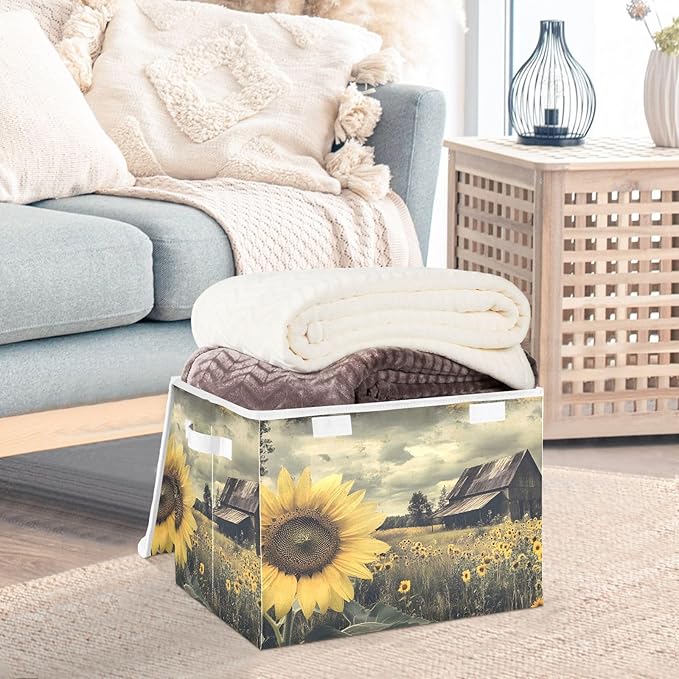 Sunflower Farm Storage Basket Bins with Lid, Collapsible Flip-top with Handle for Home Office 16.5×12.6×11.8 in
