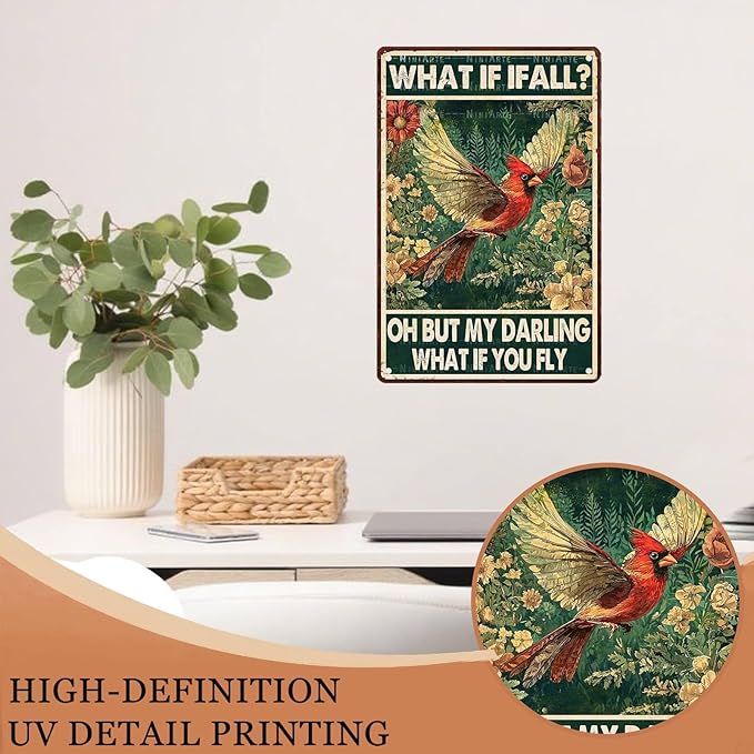 Red Bird Vintage Tin Sign What If I Fall Metal Tin Sign for Home Bedroom 8X12Inch